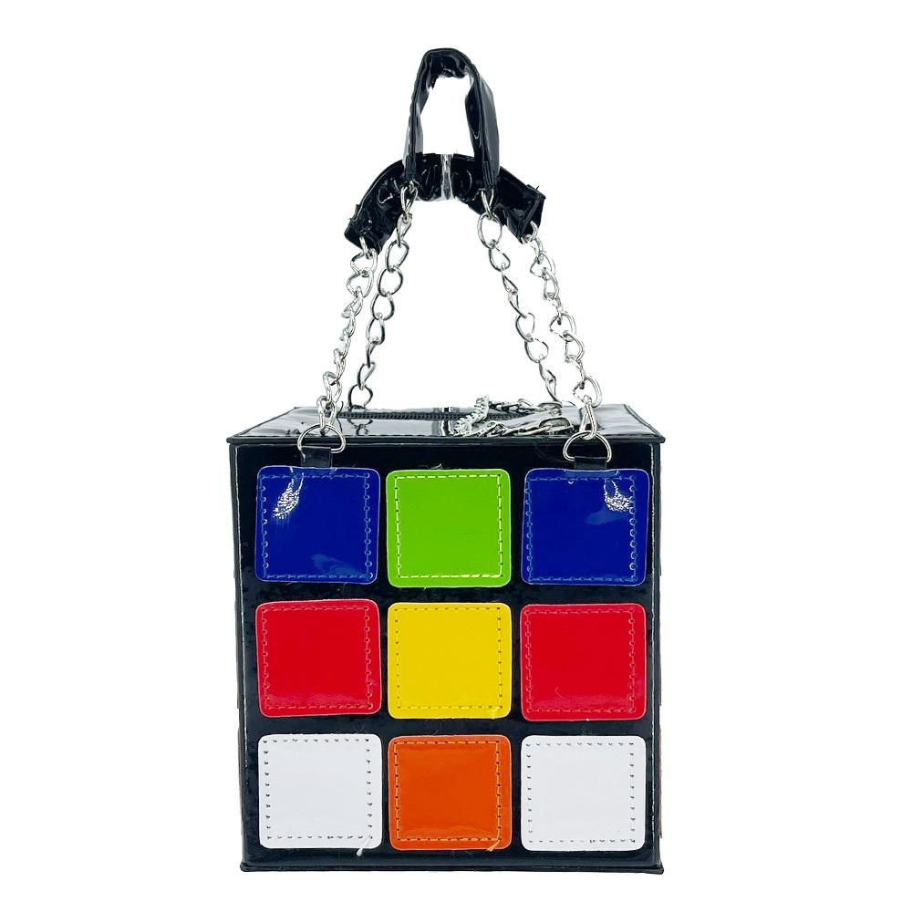 Color Block Cube Bag — Black with Multicolor Squares